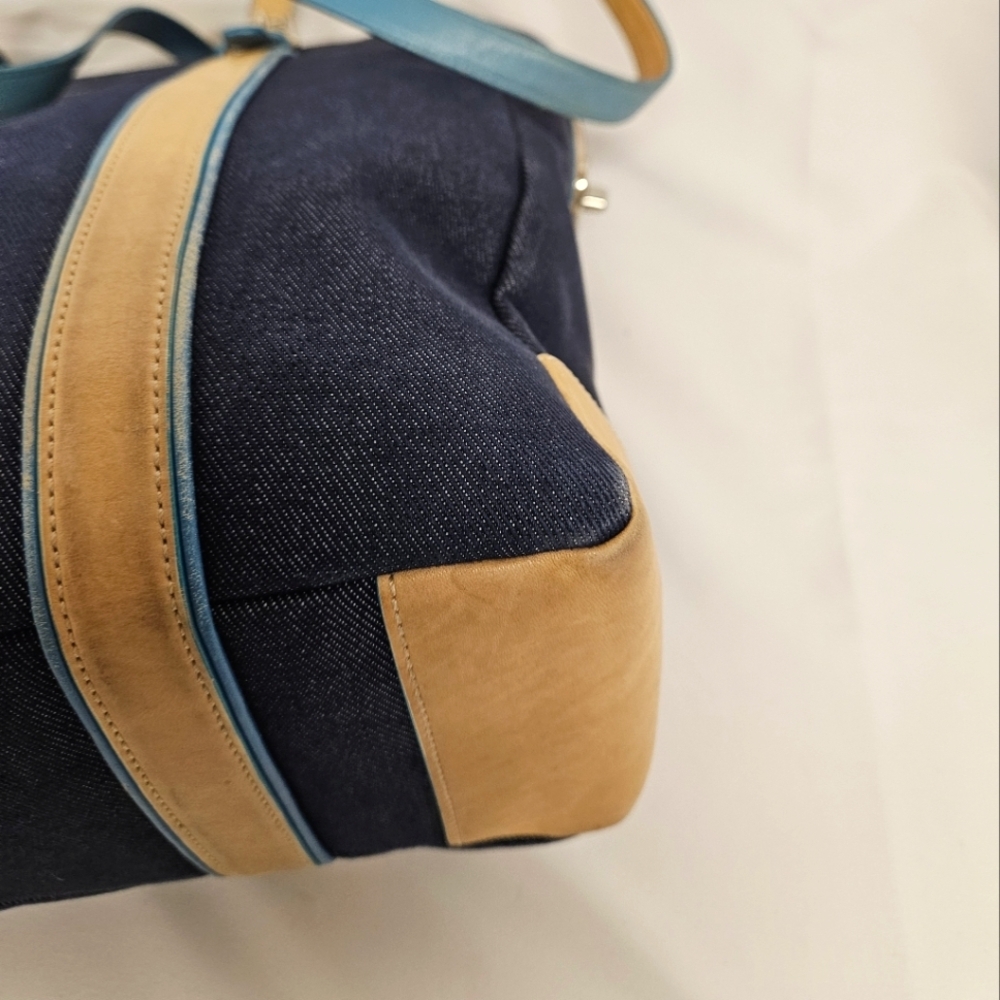 Coach Denim Hampton Large Tote Bag, Tan Blue Leather Handles - Picture 9 of 16